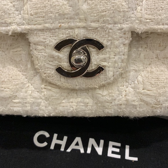 CHANEL 🤍RARE Ginza Double Flap 2.55 Ivory Tweed Boucle Rectangle Quilted Silver - Picture 3 of 16